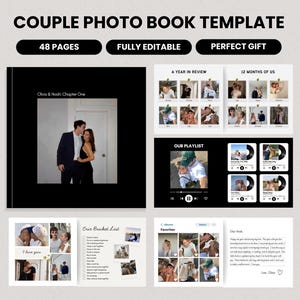 May include: A couple photo book template with a black cover featuring a photo of a couple. The template includes pages for photos, text, and a playlist. Text on the image includes "48 pages", "Fully Editable", and "Perfect Gift".