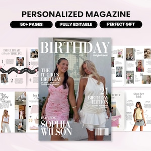 Può includere: Una copertina di rivista con il titolo "BIRTHDAY magazine" con due donne. La copertina include anche il testo "21 Birthday Edition" e "Featuring Sophia Wilson". Pagine aggiuntive mostrano foto e testo, con le parole "Personalized Magazine" in alto.