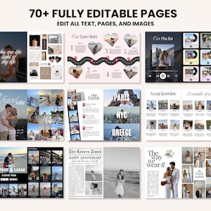 May include: A digital scrapbook template with various layouts. The layouts include photo collages, text, and graphics. Text includes "70+ FULLY EDITABLE PAGES", "You are the light of my life", "Our Love Story", "Our Playlist", "The Travel Edit", "Our Travels", "Paris, NYC, Greece", "A year in review", "12 months of us", "Sophie & Liam I Love You", "The Lovers Times Happy Anniversary", and "The way we wear it".