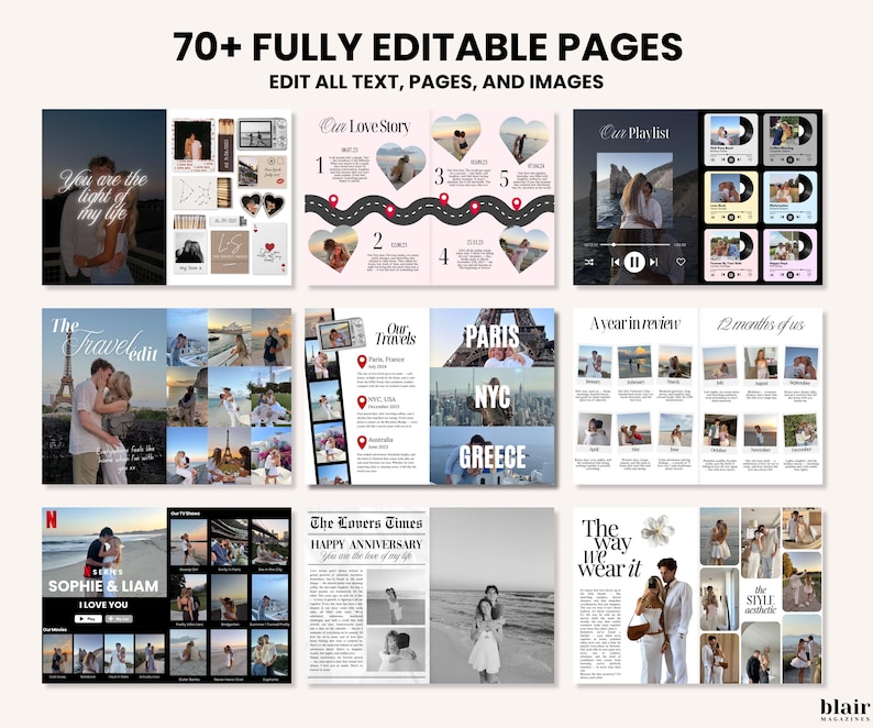May include: A digital scrapbook template with various layouts. The layouts include photo collages, text, and graphics. Text includes "70+ FULLY EDITABLE PAGES", "You are the light of my life", "Our Love Story", "Our Playlist", "The Travel Edit", "Our Travels", "Paris, NYC, Greece", "A year in review", "12 months of us", "Sophie & Liam I Love You", "The Lovers Times Happy Anniversary", and "The way we wear it".