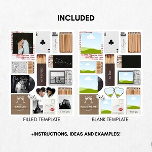 May include: A template design with filled and blank options. The filled template includes photos, text, and graphics, such as a map, a record, and a vintage camera. The blank template has similar elements but with placeholders. Text includes "INCLUDED", "FILLED TEMPLATE", and "BLANK TEMPLATE".