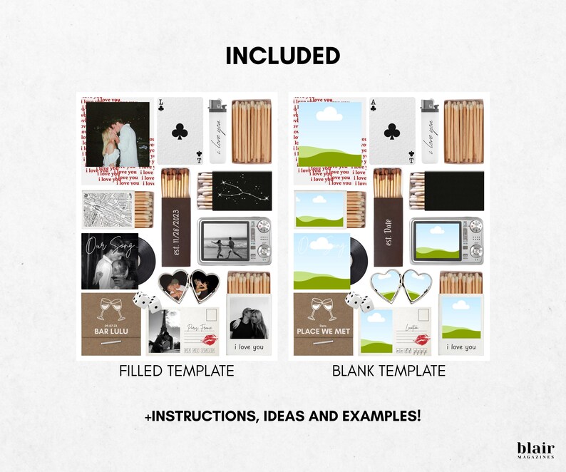 May include: A template design with filled and blank options. The filled template includes photos, text, and graphics, such as a map, a record, and a vintage camera. The blank template has similar elements but with placeholders. Text includes "INCLUDED", "FILLED TEMPLATE", and "BLANK TEMPLATE".