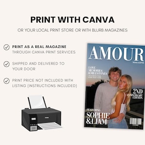 May include: A magazine cover with the word "AMOUR" in large white letters. The cover features a couple and the text "2ND ANNIVERSARY EDITION". The image also includes a printer and text that reads "PRINT WITH CANVA".