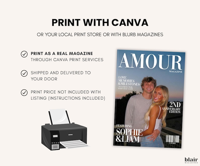 May include: A magazine cover with the word "AMOUR" in large white letters. The cover features a couple and the text "2ND ANNIVERSARY EDITION". The image also includes a printer and text that reads "PRINT WITH CANVA".