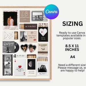 May include: A framed collage featuring various black and white photos, matchboxes, and text elements. The collage includes photos of couples, a vinyl record, and the text "I love you." Sizing options are 8.5 x 11 inches and A4.
