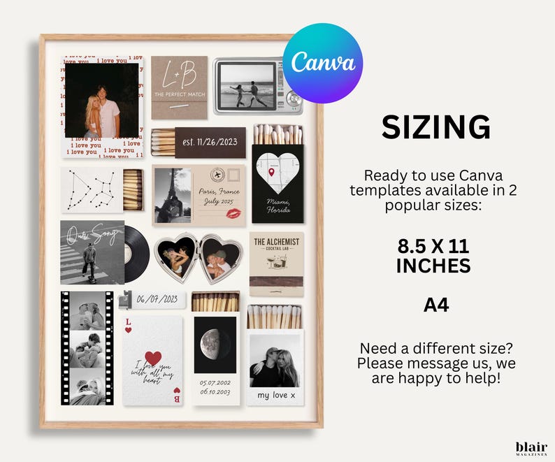 May include: A framed collage featuring various black and white photos, matchboxes, and text elements. The collage includes photos of couples, a vinyl record, and the text "I love you." Sizing options are 8.5 x 11 inches and A4.