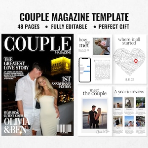 以下が含まれることがあります： 「COUPLE MAGAZINE TEMPLATE」というタイトルの雑誌テンプレートで、48ページあります。表紙には「THE GREATEST LOVE STORY」と「OLIVIA & BEN」というテキストが入ったカップルがいます。他のページには「how we met」、地図、写真などがあります。