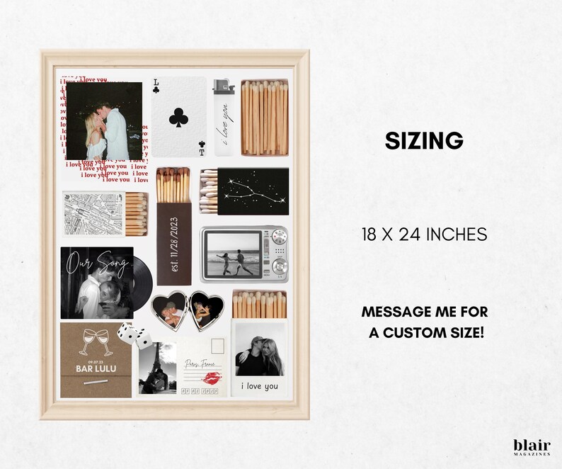 May include: A framed collage featuring photos, matches, and other mementos. The collage includes the text "I love you" and "Our Song", and is 18 x 24 inches. The frame is light-colored.