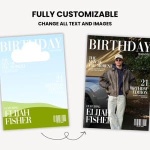 Puede incluir: Dos portadas de revista con el texto "BIRTHDAY MAGAZINE" y "TOTALMENTE PERSONALIZABLE CAMBIA TODO EL TEXTO Y LAS IM&Aacute;GENES". Una portada presenta una foto de una persona, la otra un gr&aacute;fico de nube. Ambas tienen el texto "FEATURING ELIJAH FISHER".