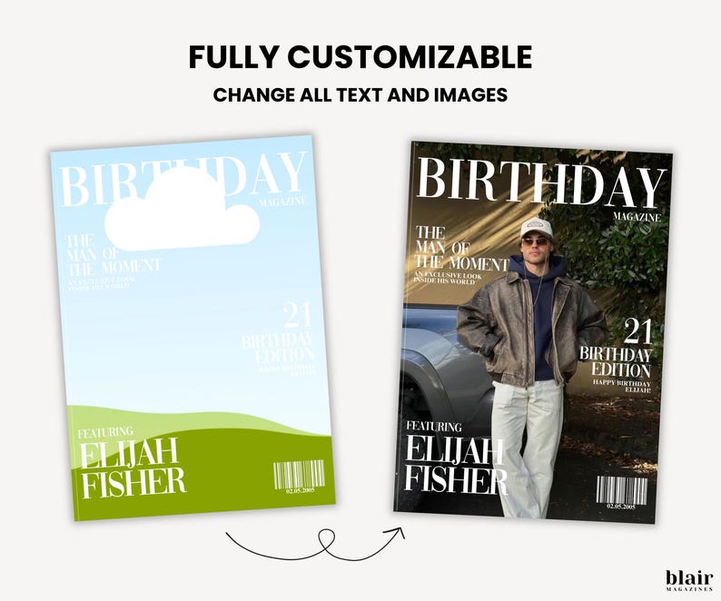 Puede incluir: Dos portadas de revista con el texto "BIRTHDAY MAGAZINE" y "TOTALMENTE PERSONALIZABLE CAMBIA TODO EL TEXTO Y LAS IM&Aacute;GENES". Una portada presenta una foto de una persona, la otra un gr&aacute;fico de nube. Ambas tienen el texto "FEATURING ELIJAH FISHER".