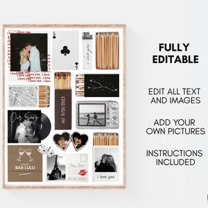 May include: A framed collage with various black and white photos, a playing card, a lighter with "I love you" text, and matchboxes. The collage includes the text "Our Song", "est. 11/28/2023", "BAR LULU", and "Paris, France". The words "FULLY EDITABLE" are also visible.