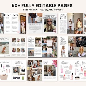 Puede incluir: Dise&ntilde;o de revista digital con el texto "50+ FULLY EDITABLE PAGES" y "EDIT ALL TEXT, PAGES, AND IMAGES." Las p&aacute;ginas presentan fotos, texto y t&iacute;tulos como "CONTENTS", "HAPPY BIRTHDAY" y "Her Fragrance."