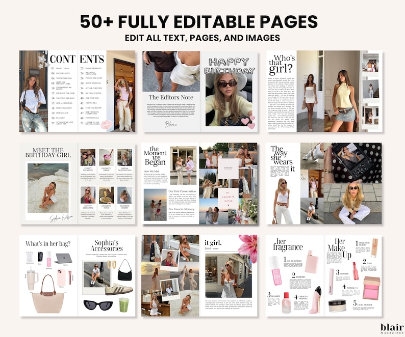 Puede incluir: Dise&ntilde;o de revista digital con el texto "50+ FULLY EDITABLE PAGES" y "EDIT ALL TEXT, PAGES, AND IMAGES." Las p&aacute;ginas presentan fotos, texto y t&iacute;tulos como "CONTENTS", "HAPPY BIRTHDAY" y "Her Fragrance."