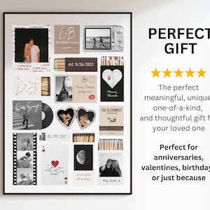 May include: A framed collage with various photos, matchboxes, and text elements. The text includes "Perfect Gift" and phrases like "I love you." The collage features black and white photos and dates.