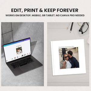 May include: A laptop displaying a photo album design with the text "ONE YEAR OF US." Next to it, a printed photo album with a couple's photo and the text "Chloe & Noah: First Anniversary Edition." The text "EDIT, PRINT & KEEP FOREVER" is at the top.