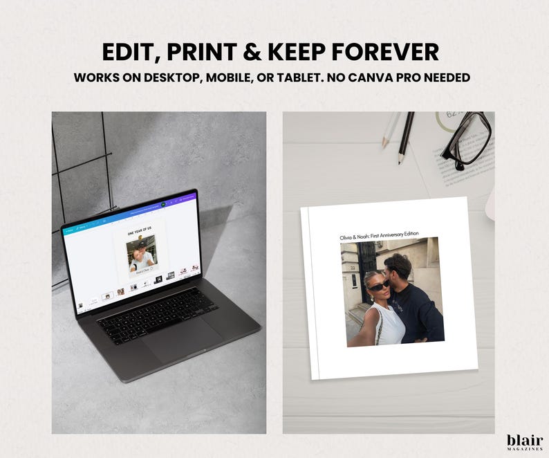 May include: A laptop displaying a photo album design with the text "ONE YEAR OF US." Next to it, a printed photo album with a couple's photo and the text "Chloe & Noah: First Anniversary Edition." The text "EDIT, PRINT & KEEP FOREVER" is at the top.