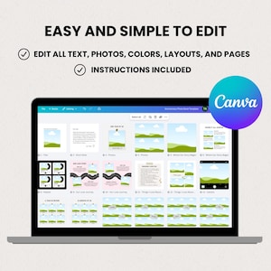 May include: A laptop screen displays a Canva template with various page layouts for a photo book. The text "EASY AND SIMPLE TO EDIT" and "EDIT ALL TEXT, PHOTOS, COLORS, LAYOUTS, AND PAGES" are visible. A Canva logo is in the upper right corner.