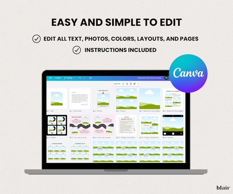 May include: A laptop screen displays a Canva template with various page layouts for a photo book. The text "EASY AND SIMPLE TO EDIT" and "EDIT ALL TEXT, PHOTOS, COLORS, LAYOUTS, AND PAGES" are visible. A Canva logo is in the upper right corner.