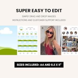 Puede incluir: Una maqueta de producto digital con el texto "SUPER EASY TO EDIT" y "SIMPLY DRAG AND DROP IMAGES". Incluye ejemplos de plantillas de Instagram y el texto "SIZES INCLUDED: A4 AND 8.5 X 11".