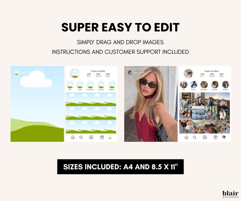 Puede incluir: Una maqueta de producto digital con el texto "SUPER EASY TO EDIT" y "SIMPLY DRAG AND DROP IMAGES". Incluye ejemplos de plantillas de Instagram y el texto "SIZES INCLUDED: A4 AND 8.5 X 11".