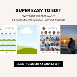 May include: A digital design template with four mockups of social media posts. The text reads "SUPER EASY TO EDIT", "SIMPLY DRAG AND DROP IMAGES", and "INSTRUCTIONS AND CUSTOMER SUPPORT INCLUDED". The sizes included are A4 and 8.5 x 11 inches.