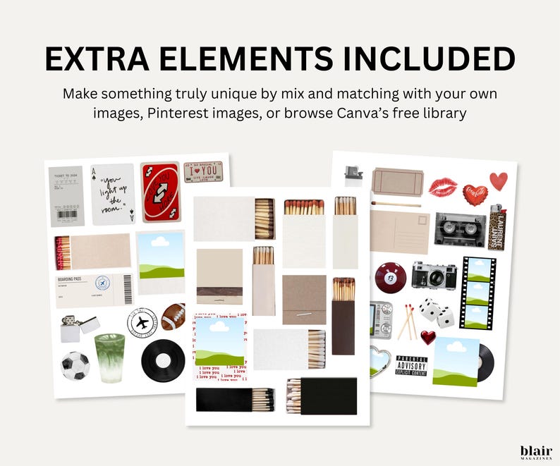 May include: A collection of digital clip art elements, including matchboxes, playing cards, a cassette tape, and a film strip. The text "EXTRA ELEMENTS INCLUDED" and other text are visible. The image is on a white background.
