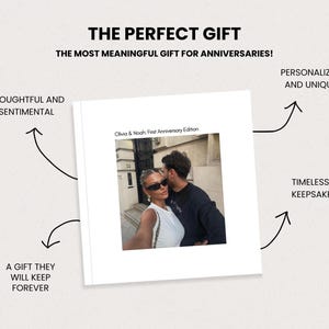 May include: A white square book with a photograph of a couple, with the text "Olivia & Noah: First Anniversary Edition". The image also includes the text "THE PERFECT GIFT" and "THE MOST MEANINGFUL GIFT FOR ANNIVERSARIES!"