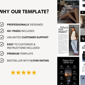 Puede incluir: Imagen promocional para una plantilla, con un dise&ntilde;o de texto e im&aacute;genes. El texto incluye "&iquest;Por qu&eacute; nuestra plantilla?" y vi&ntilde;etas que destacan caracter&iacute;sticas como dise&ntilde;o profesional, m&aacute;s de 40 p&aacute;ginas y atenci&oacute;n al cliente. Tambi&eacute;n se incluyen im&aacute;genes de estilo de vida.