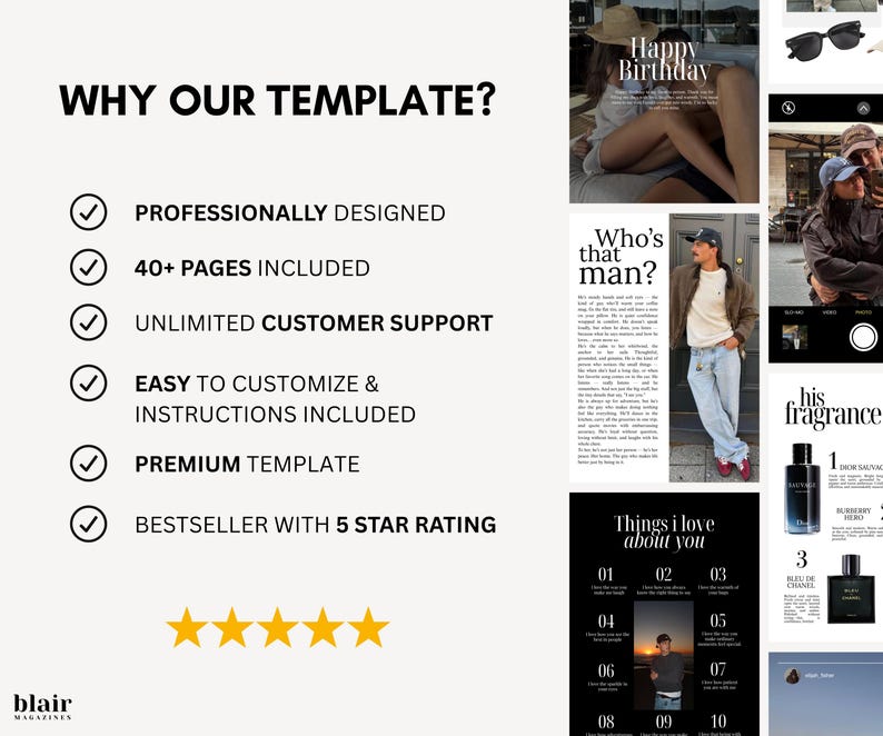 Puede incluir: Imagen promocional para una plantilla, con un dise&ntilde;o de texto e im&aacute;genes. El texto incluye "&iquest;Por qu&eacute; nuestra plantilla?" y vi&ntilde;etas que destacan caracter&iacute;sticas como dise&ntilde;o profesional, m&aacute;s de 40 p&aacute;ginas y atenci&oacute;n al cliente. Tambi&eacute;n se incluyen im&aacute;genes de estilo de vida.