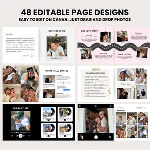 May include: A digital scrapbook template with 48 editable page designs. The pages include photos, text, and design elements. The text includes "48 EDITABLE PAGE DESIGNS" and "EASY TO EDIT ON CANVA. JUST DRAG AND DROP PHOTOS."
