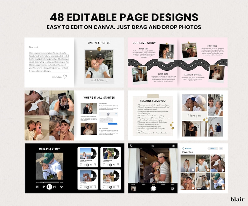 May include: A digital scrapbook template with 48 editable page designs. The pages include photos, text, and design elements. The text includes "48 EDITABLE PAGE DESIGNS" and "EASY TO EDIT ON CANVA. JUST DRAG AND DROP PHOTOS."