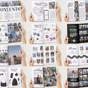 K&ouml;nnte beinhalten: Eine Sammlung offener Fotob&uuml;cher mit verschiedenen Layouts. Die B&uuml;cher enthalten Texte wie "CONTENTS", "Our Travels", "Things I Love About You" und "Meet the Couple". Fotos und Grafiken sind durchgehend zu sehen.