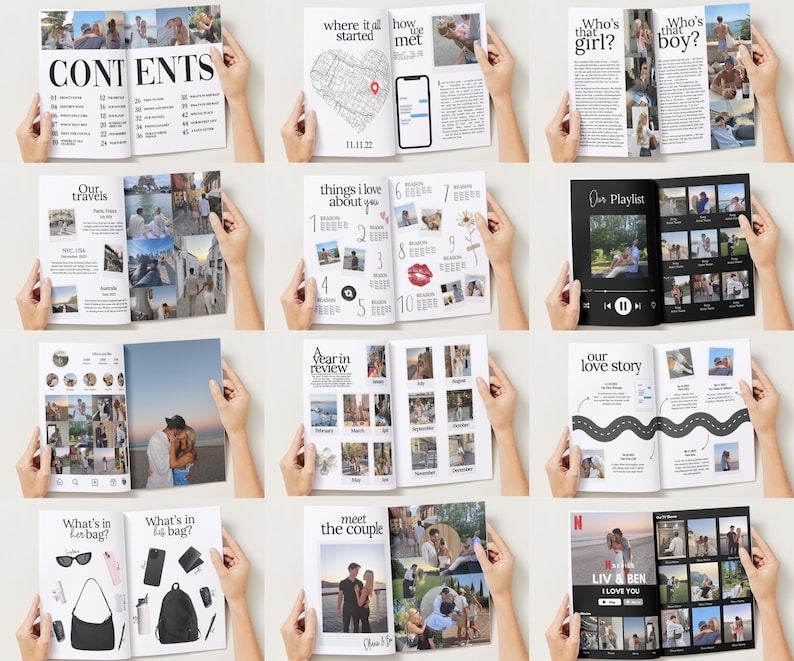 K&ouml;nnte beinhalten: Eine Sammlung offener Fotob&uuml;cher mit verschiedenen Layouts. Die B&uuml;cher enthalten Texte wie "CONTENTS", "Our Travels", "Things I Love About You" und "Meet the Couple". Fotos und Grafiken sind durchgehend zu sehen.