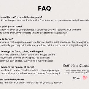 May include: A beige FAQ sheet with black text. The text answers questions about editing a template, starting, printing, changing fonts, colors, images, and page numbers. The sheet also includes contact information.