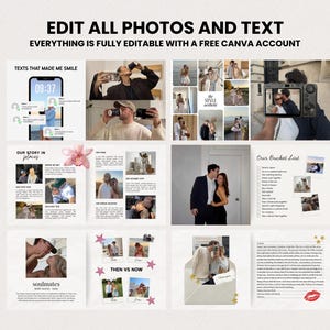 May include: A digital template with the text "EDIT ALL PHOTOS AND TEXT" and "EVERYTHING IS FULLY EDITABLE WITH A FREE CANVA ACCOUNT." The template includes photos, text, and graphics, with the words "TEXTS THAT MADE ME SMILE," "OUR STORY IN places," and "soulmates."