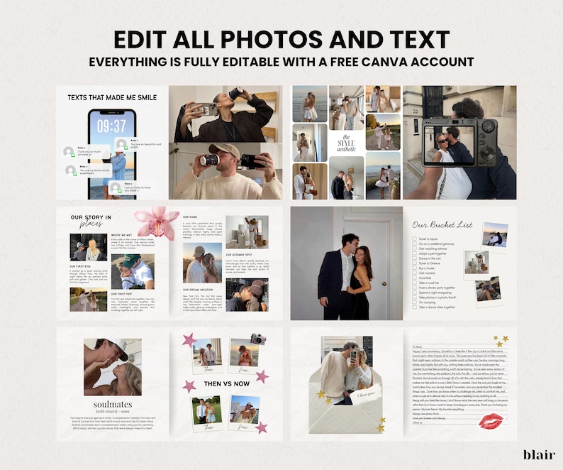 May include: A digital template with the text "EDIT ALL PHOTOS AND TEXT" and "EVERYTHING IS FULLY EDITABLE WITH A FREE CANVA ACCOUNT." The template includes photos, text, and graphics, with the words "TEXTS THAT MADE ME SMILE," "OUR STORY IN places," and "soulmates."