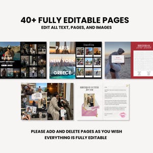 Puede incluir: Una plantilla digital con el texto "40+ FULLY EDITABLE PAGES". La plantilla incluye varios dise&ntilde;os con fotos y texto, incluyendo temas de viajes y cumplea&ntilde;os. Tambi&eacute;n es visible el texto "PLEASE ADD AND DELETE PAGES AS YOU WISH".