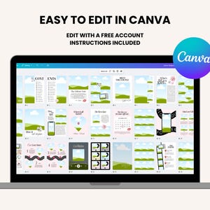 May include: A laptop screen displaying a Canva template with various design layouts. The text "EASY TO EDIT IN CANVA" and "EDIT WITH A FREE ACCOUNT INSTRUCTIONS INCLUDED" is visible. A Canva logo is in the upper right corner.
