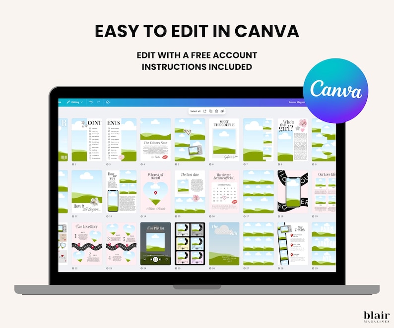 May include: A laptop screen displaying a Canva template with various design layouts. The text "EASY TO EDIT IN CANVA" and "EDIT WITH A FREE ACCOUNT INSTRUCTIONS INCLUDED" is visible. A Canva logo is in the upper right corner.