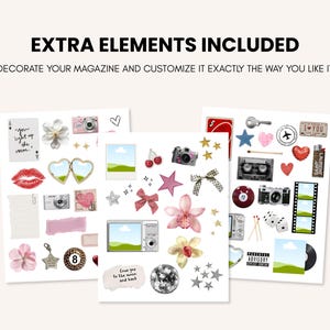Puede incluir: Tres hojas de pegatinas decorativas con varios dise&ntilde;os, incluyendo c&aacute;maras, flores, corazones, estrellas y texto. El texto incluye "EXTRA ELEMENTS INCLUDED" y "DECORATE YOUR MAGAZINE AND CUSTOMIZE IT EXACTLY THE WAY YOU LIKE IT."