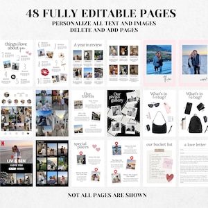 K&ouml;nnte beinhalten: Eine digitale Scrapbook-Vorlage mit 48 vollst&auml;ndig bearbeitbaren Seiten. Die Seiten enthalten Foto-Layouts, Listen und Textfelder. Der Text auf den Seiten enth&auml;lt "things I love about you", "A year in review" und "our bucket list".