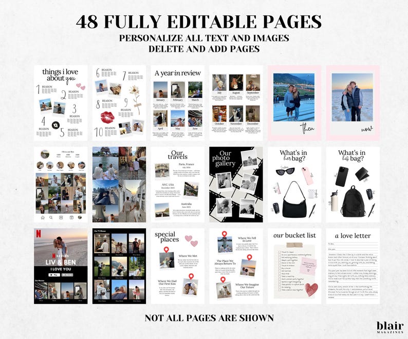 K&ouml;nnte beinhalten: Eine digitale Scrapbook-Vorlage mit 48 vollst&auml;ndig bearbeitbaren Seiten. Die Seiten enthalten Foto-Layouts, Listen und Textfelder. Der Text auf den Seiten enth&auml;lt "things I love about you", "A year in review" und "our bucket list".