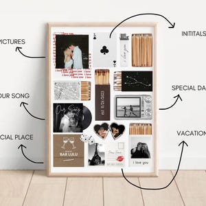 May include: A framed collage featuring personal photos, a vinyl record, and matchboxes. The collage includes the text "I love you" and "Our Song", along with the date "est. 11/28/2023". The theme appears to be a personalized keepsake.