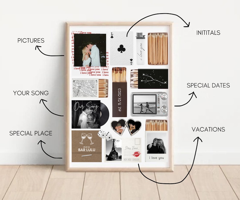May include: A framed collage featuring personal photos, a vinyl record, and matchboxes. The collage includes the text "I love you" and "Our Song", along with the date "est. 11/28/2023". The theme appears to be a personalized keepsake.