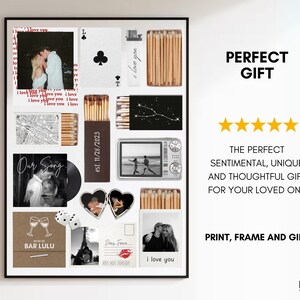 May include: A framed collage featuring photos, playing cards, matches, and text. The photos include couples and a map. Text includes "I love you," "Our Song," "Bar Lulu," and "est. 11/28/2023."