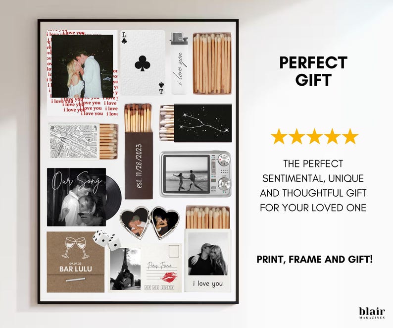 May include: A framed collage featuring photos, playing cards, matches, and text. The photos include couples and a map. Text includes "I love you," "Our Song," "Bar Lulu," and "est. 11/28/2023."