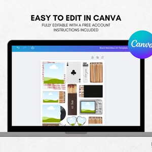 May include: A laptop screen displays a Canva template with matchbox art elements. The template includes a playing card, a lighter, matches, a vinyl record, and heart-shaped objects. Text on the screen reads "EASY TO EDIT IN CANVA" and "FULLY EDITABLE WITH A FREE ACCOUNT".