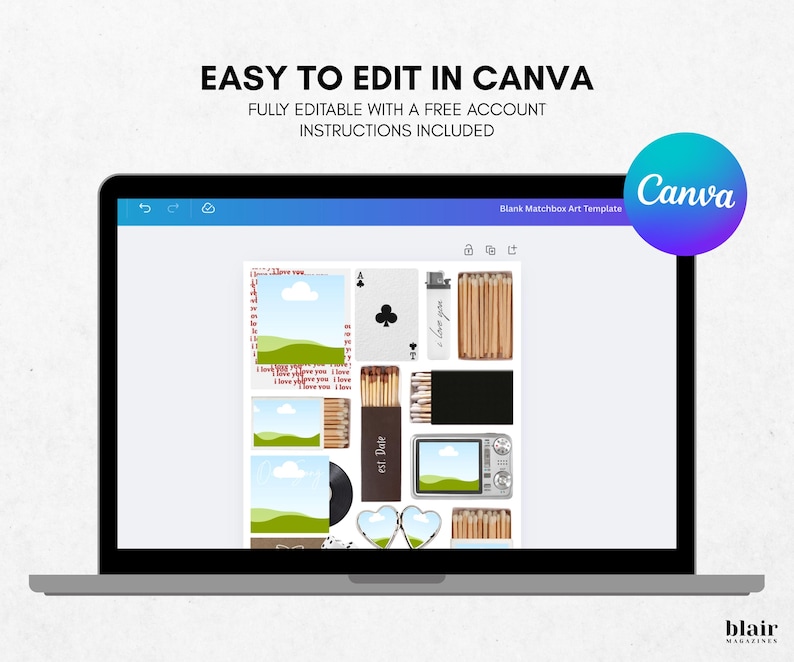 May include: A laptop screen displays a Canva template with matchbox art elements. The template includes a playing card, a lighter, matches, a vinyl record, and heart-shaped objects. Text on the screen reads "EASY TO EDIT IN CANVA" and "FULLY EDITABLE WITH A FREE ACCOUNT".