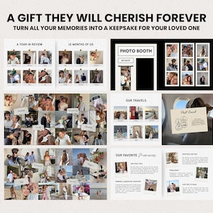May include: A collage of photos with text that reads "A Gift They Will Cherish Forever." The collage includes photos organized by categories like "A Year in Review," "12 Months of Us," and "Photo Booth." The text "Turn All Your Memories Into a Keepsake for Your Loved One" is also present.