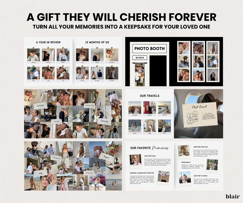 May include: A collage of photos with text that reads "A Gift They Will Cherish Forever." The collage includes photos organized by categories like "A Year in Review," "12 Months of Us," and "Photo Booth." The text "Turn All Your Memories Into a Keepsake for Your Loved One" is also present.
